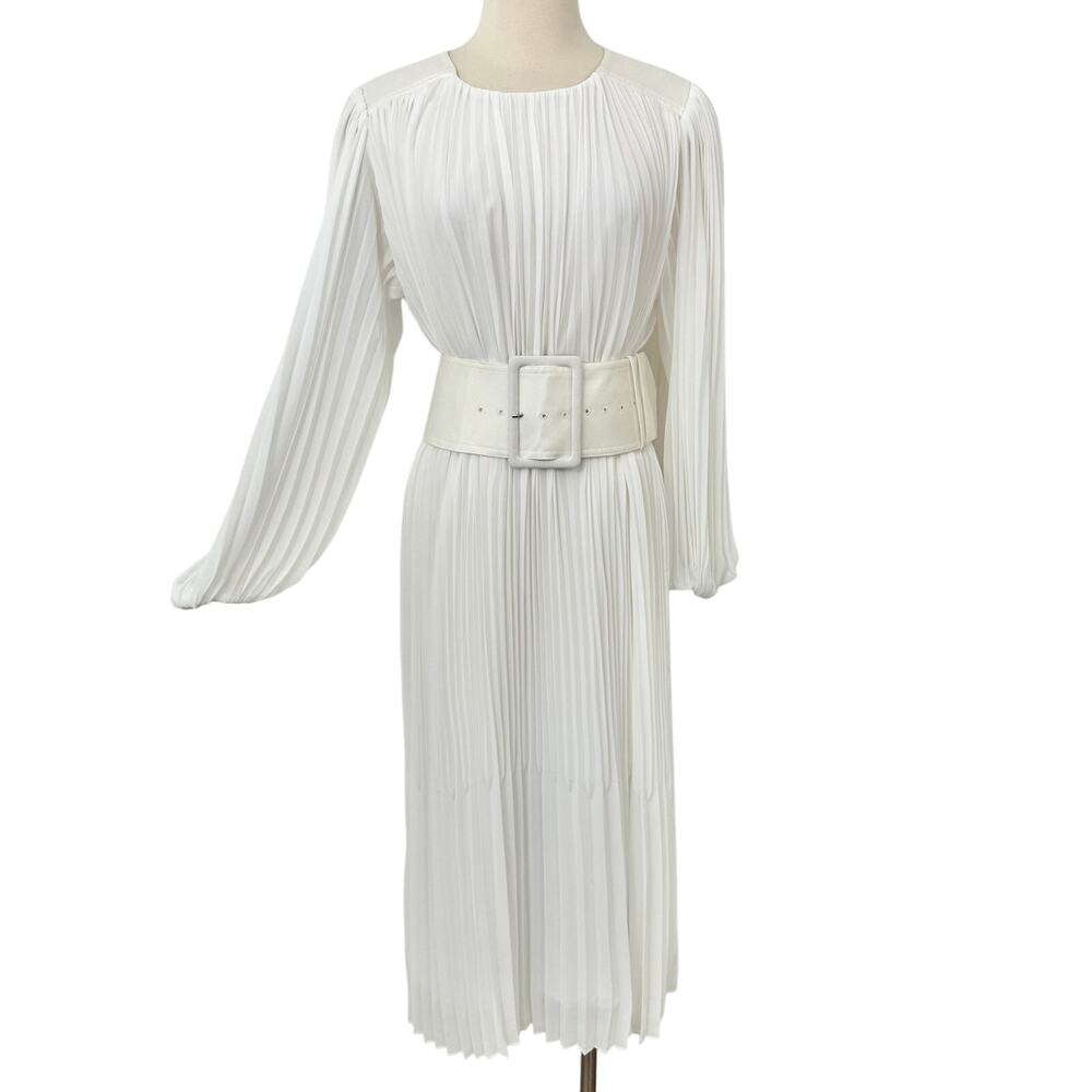 AJE Cathedra Belted Midi Dress Pleated Long Sleeve in Ivory AU 12 / US 8